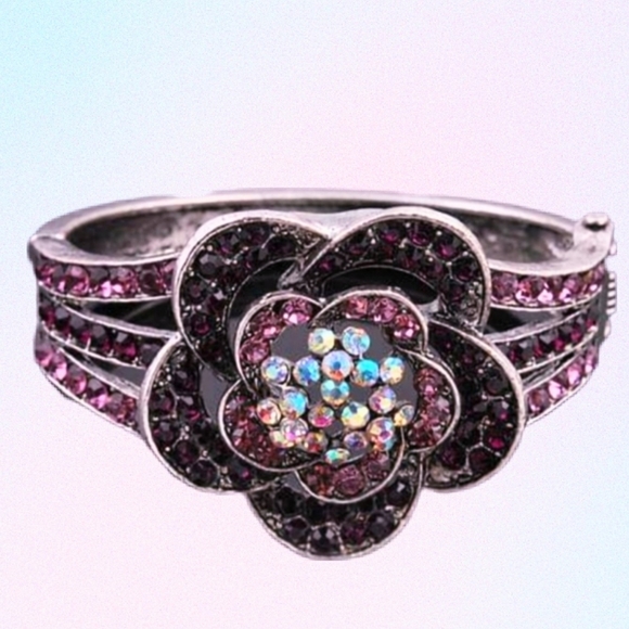 Purple Diamante Crystal Flower Cuff Bangle - Picture 10 of 13